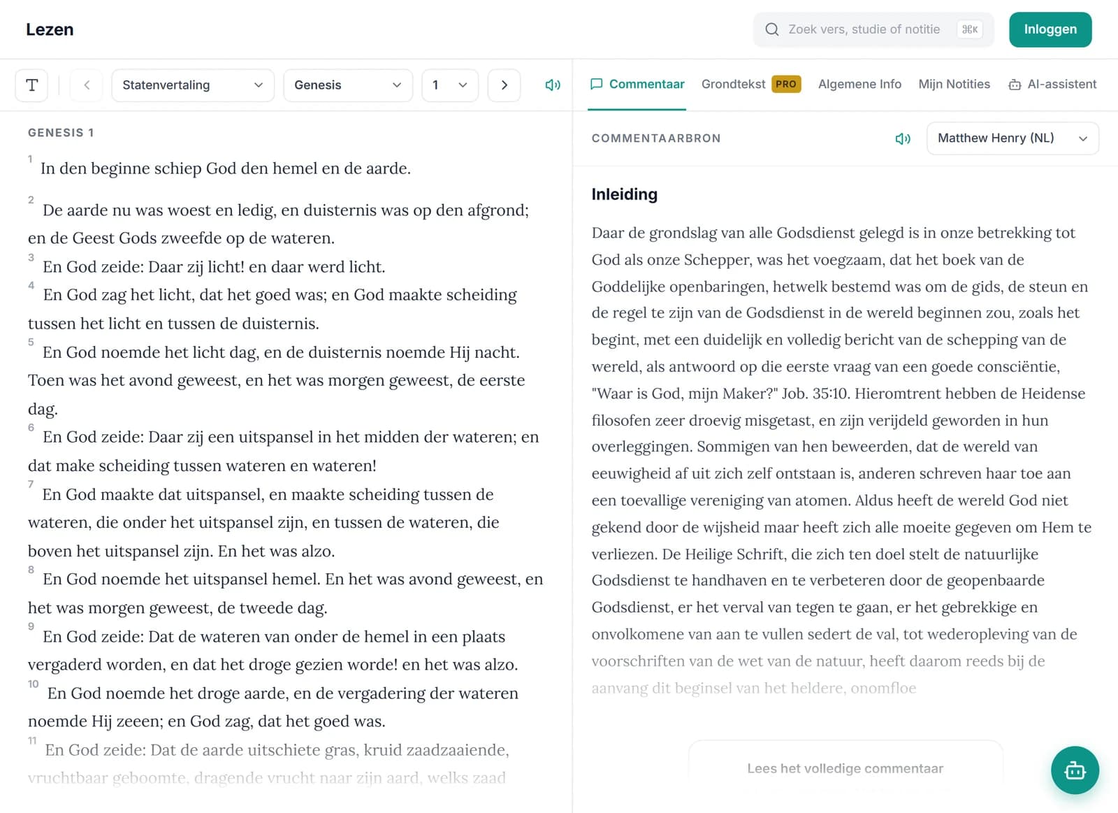 Genesis 1 in de Statenvertaling op BijbelStudie, met het commentaar van Matthew Henry ernaast