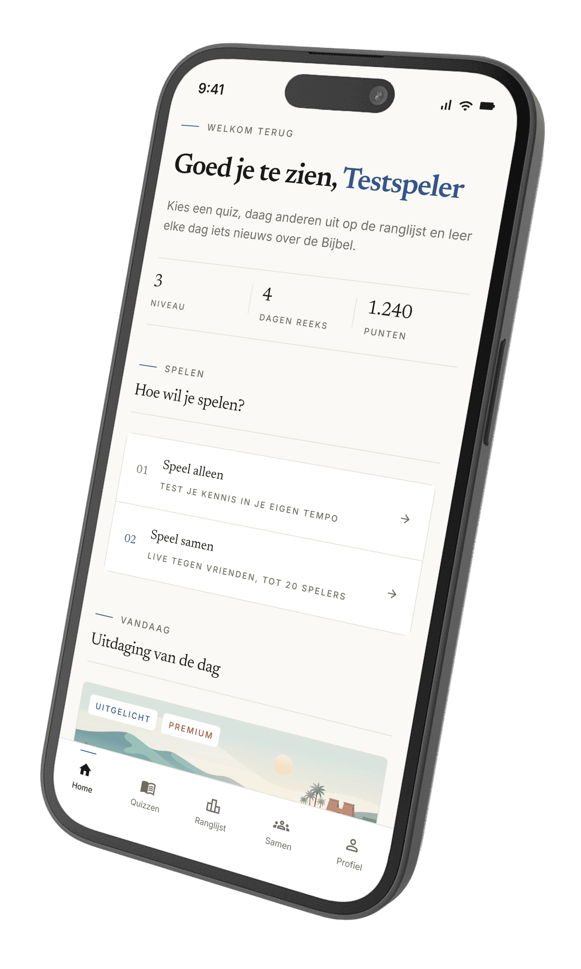 De BijbelQuiz-app op een telefoon